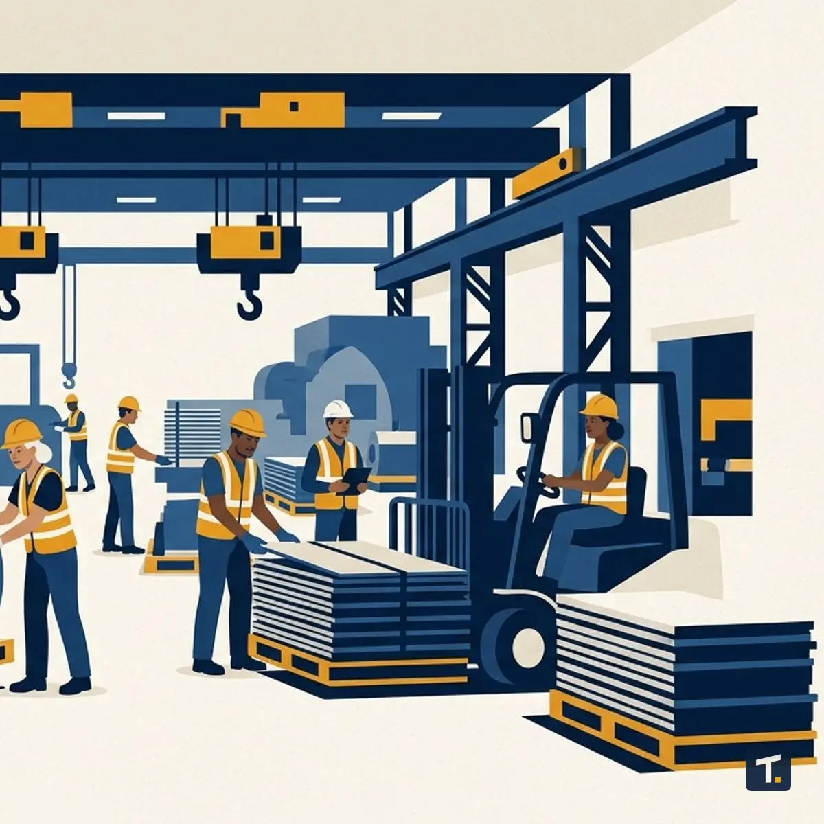 Trabalhadores em um galpão logístico de uma indústria metalúrgica organizando materiais.