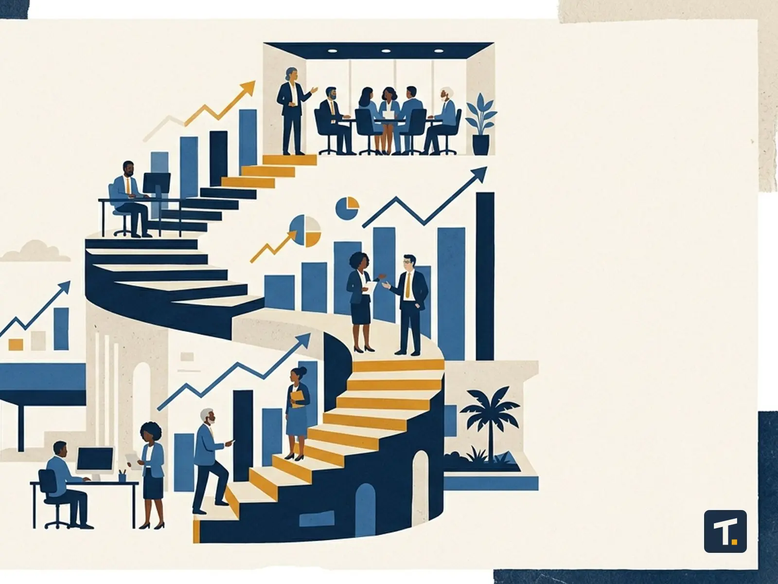 Ilustração conceitual representando a progressão de carreira no ambiente de trabalho
