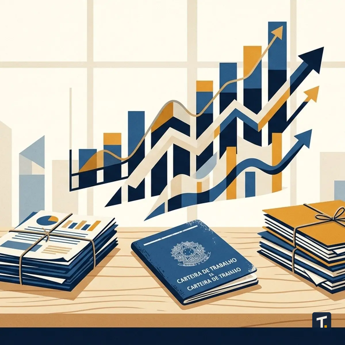 Gráficos de barras e linhas flutuando sobre uma mesa de escritório com relatórios financeiros.