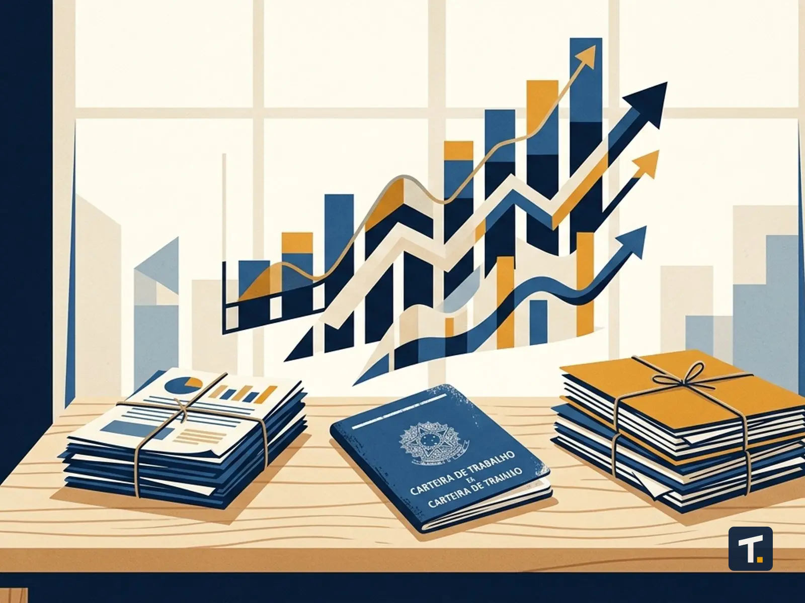 Gráficos de barras e linhas flutuando sobre uma mesa de escritório com relatórios financeiros.