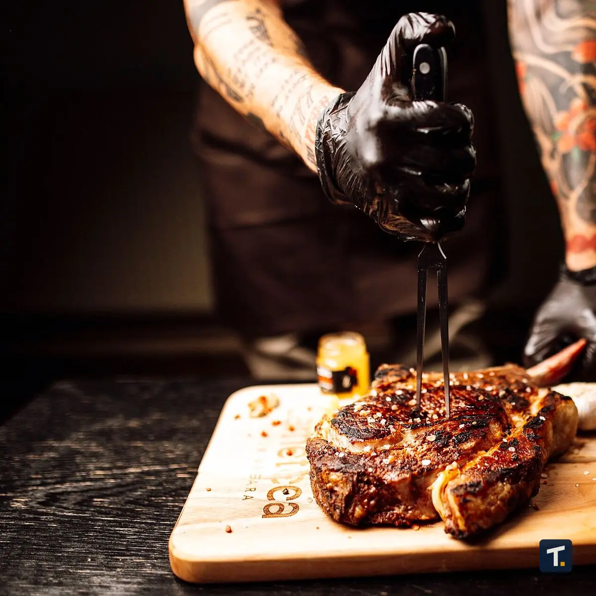 Bancada de aço inoxidável em uma cozinha industrial com ingredientes frescos e utensílios de cozinha.